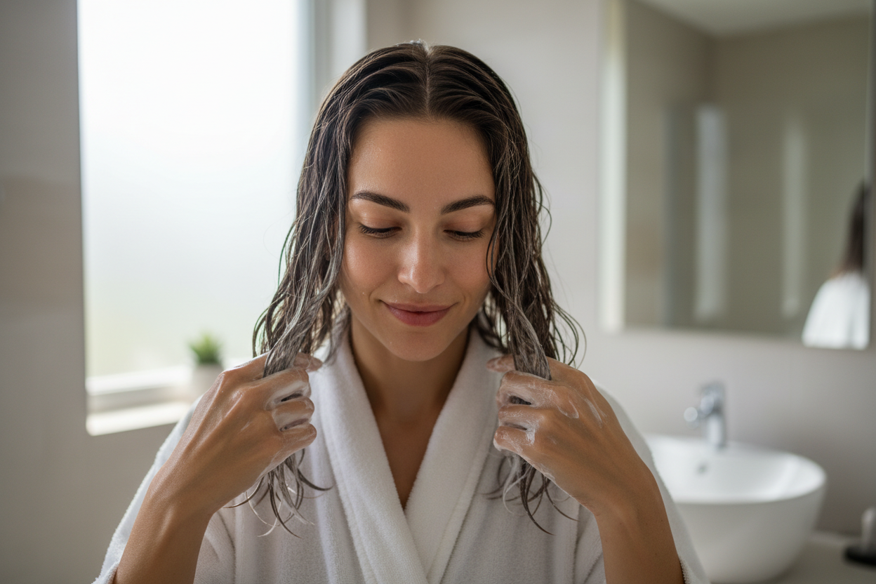 Woman applying hair mask to wet hair at home