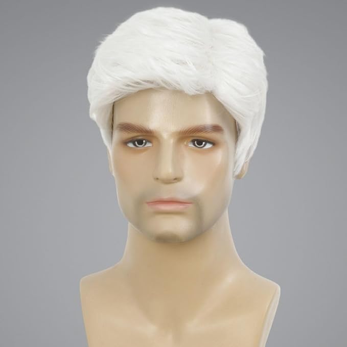 Kaneles Mens White Wigs Short Soft Layered Natural Synthetic Hair for Male Daily Full Wig(White)