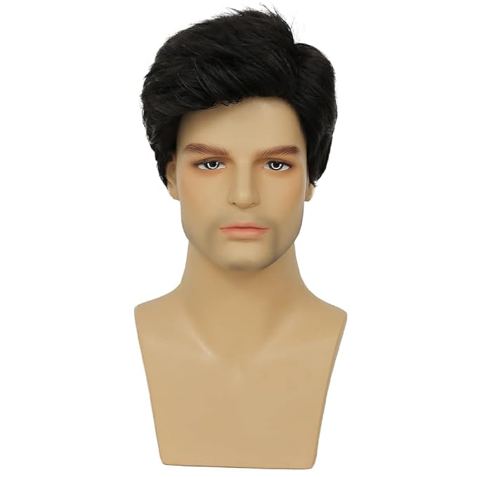 Kaneles Mens Black Wig Short Synthetic Halloween Daily Costume Soft Natural Hair Wigs