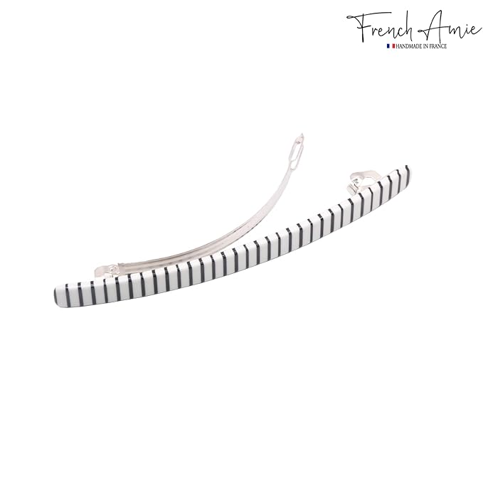 French Amie Long and Thin Black White Large 4” Handmade Celluloid Automatic Hair Clip Barrette for Women and Girls (Stripe)