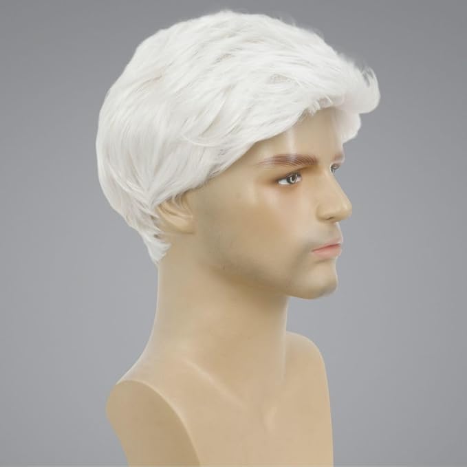 Kaneles Mens White Wigs Short Soft Layered Natural Synthetic Hair for Male Daily Full Wig(White)