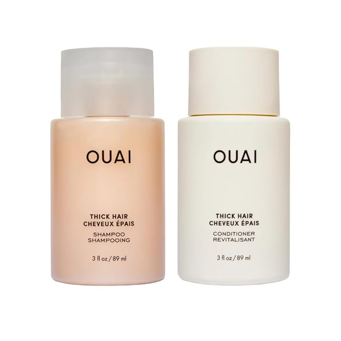 OUAI Thick Hair Shampoo & Conditioner Set, Travel Size - Moisturizing Shampoo & Conditioner - With Keratin, Marshmallow Root, Shea Butter & Avocado Oil - Sulfate, Paraben & Phthalate Free (3 Oz)