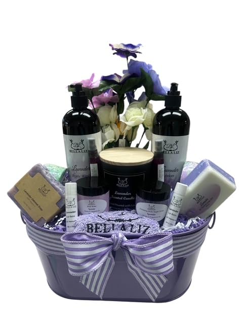 Bella Liz Lavender Gift Set – 14 piece Spa Set with Soy Candle, Handmade Soaps, Body Wash & Lotion, Bath Bombs, Lip Balms, Sugar Scrub, Body Butter & More – Self-Care Gift