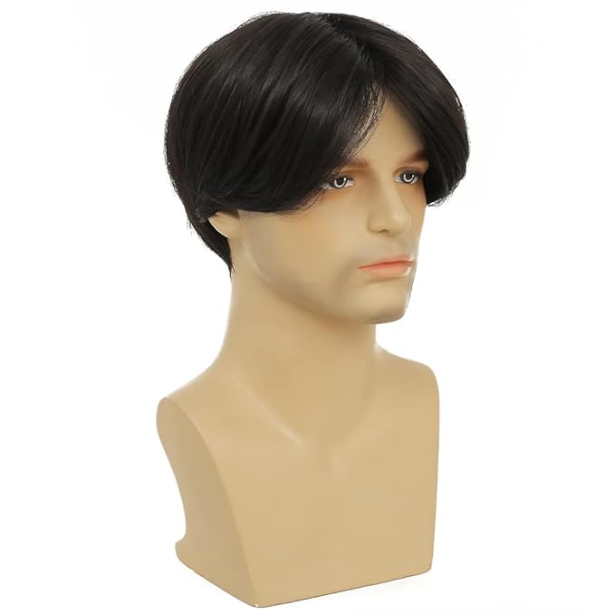 Kaneles Mens Short Black Straight Wigs Natural Middle Part Synthetic Hair Daily Cosplay Costume Fluffy Wig(Black)