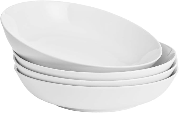 White Pasta Bowls Set of 4, Porcelain Salad Bowls 37 oz, Wide and Shallow Serving Bowl 9 Inch, Large Pasta Plates, Serving Dishes for Soup, Dinner, Microwave and Dishwasher Safe