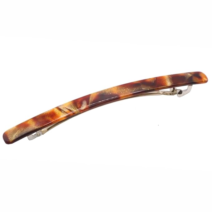 French Amie Long and Thin Caramel Large 4” Handmade Celluloid Automatic Sleek Hair Clip Barrette for Women and Girls (Caramel)