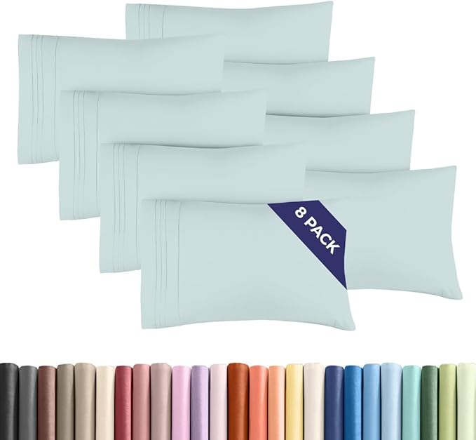 Queen Pillow Cases Set of 8 - Ultra Soft Hotel Quality Pillowcase Covers - Comfy, Cozy & Wrinkle Free - Shrink, Stain and Fade Resistant - Machine Washable Pillow Protectors - 8 Piece Set - Ice Blue