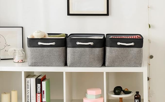 TheWarmHome Organization and Storage Basket for Organizing - 17x14x10 inch Large 3 Pack Collapsible Storage Bin for Shelves, Fabric Basket for Gifts Empty Organizer Gift Closet (Black & Grey)