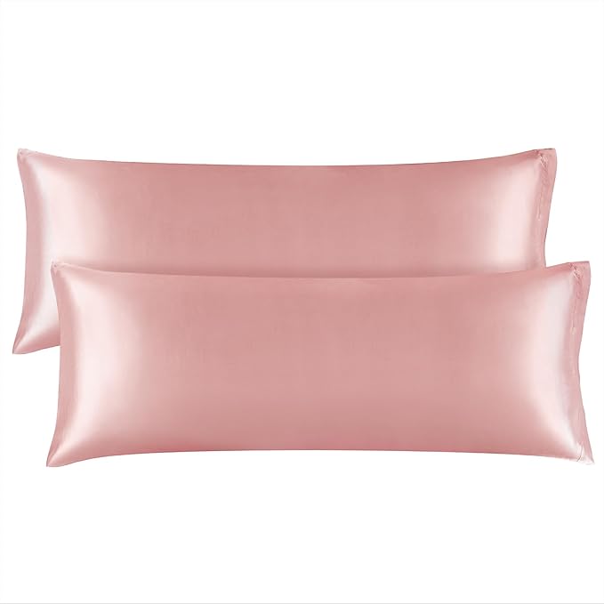 BEDELITE Satin Body Pillow Cover 2 Pack, Super Soft and Cooling Body Pillow Pillowcase for Hair and Skin, Breathable Silky Full Long Pillowcase Cover(20"x54", Rose Pink)