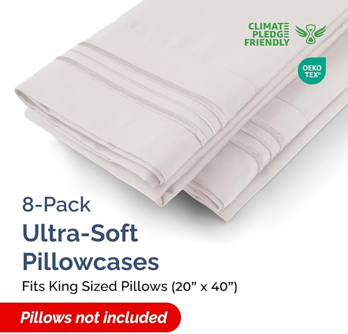 King Pillow Cases Set of 8 - Ultra Soft Hotel Quality Pillowcase Covers - Comfy. Cozy & Wrinkle Free - Shrink, Stain and Fade Resistant - Machine Washable Pillow Protectors - 8 Piece Set - Light Grey