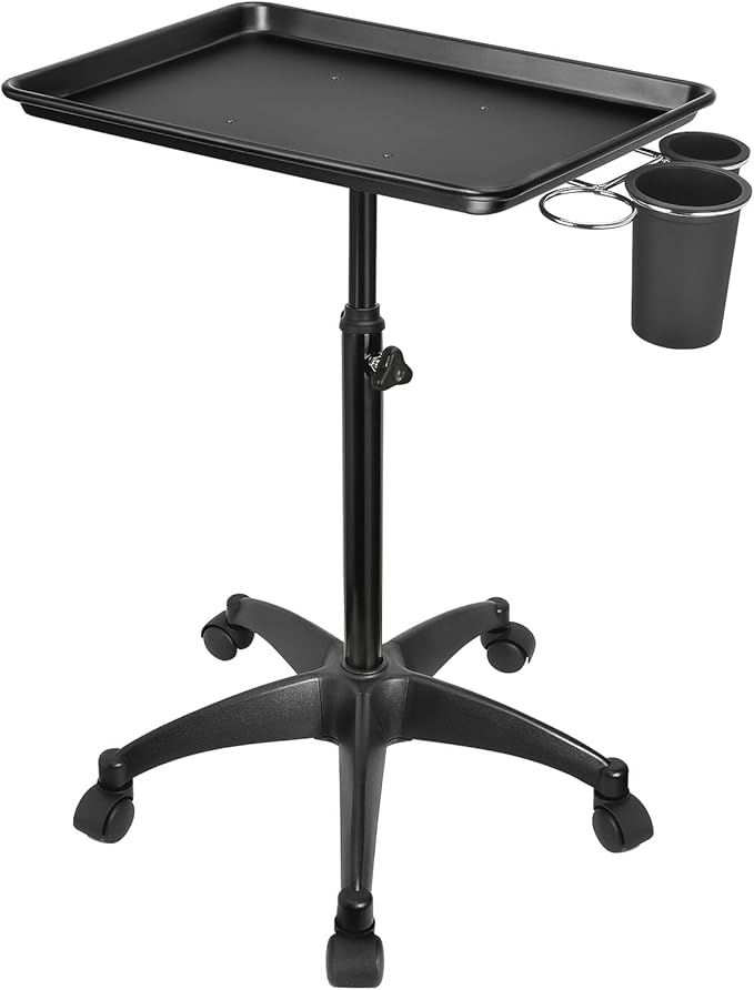 JOSTZHXIN Salon Rolling Tray, Tattoo Tray Rolling Cart, Height Adjustable Styling Tray, Service Storage Tray Trolley for Beauty Salon Clinic Spa,Black-with Cup Holder