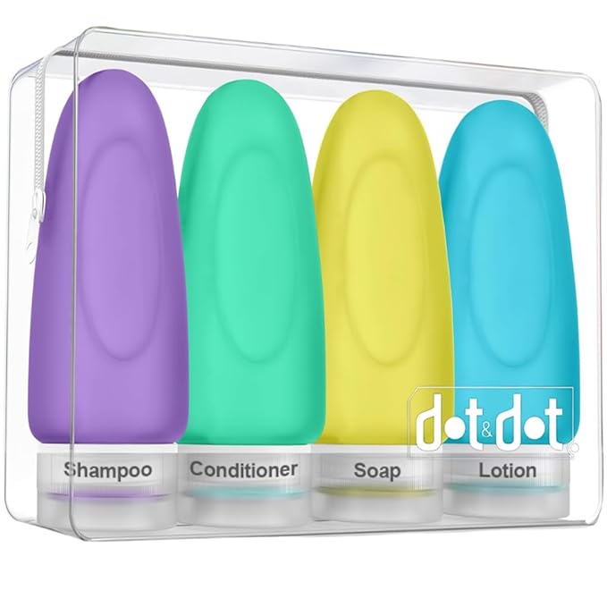Dot&Dot Leak Proof TSA Approved Travel Bottles for Toiletries - 3oz Shampoo and Conditioner Travel Size Containers - Silicone With Labels