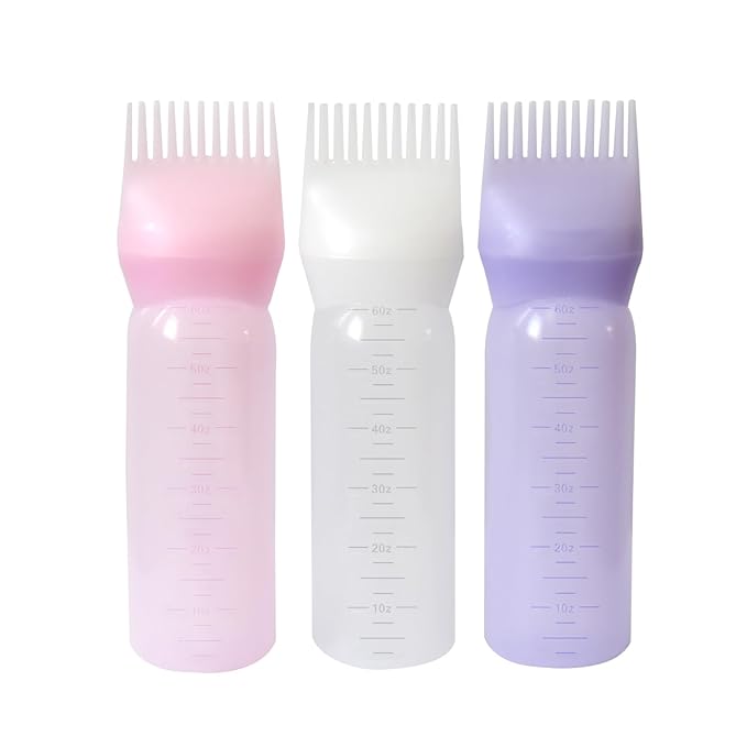 YANTAISIYU Root Comb Applicator Bottle 6 Ounce Hair Oiling Applicator 3 Pieces Hair Dye Bottle Hair Root Comb with Graduated Scale (Pink White Purple)