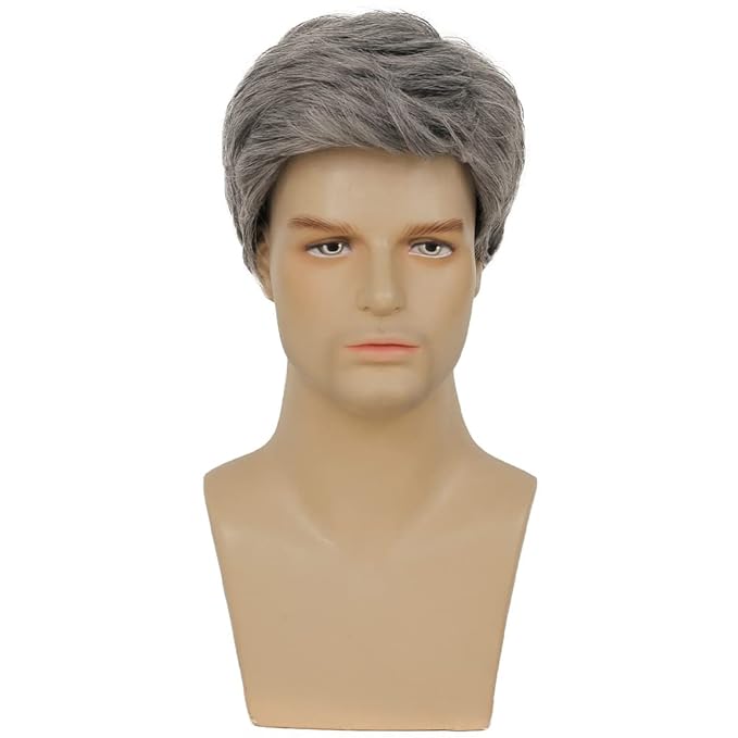Kaneles Mens Grey Short Wig Synthetic Replacement Costume Halloween Soft Layered Natural Hair Male Wigs (Gray)