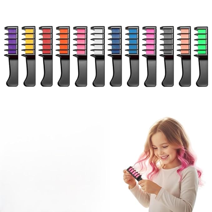 Festive Fun Hair Chalk Combs, 2026 New Chalk Hair Color for Girls, Temporary Wash out Hair Color Kids, Christmas Girl Gifts, Skin Safe Materials (12 colors)