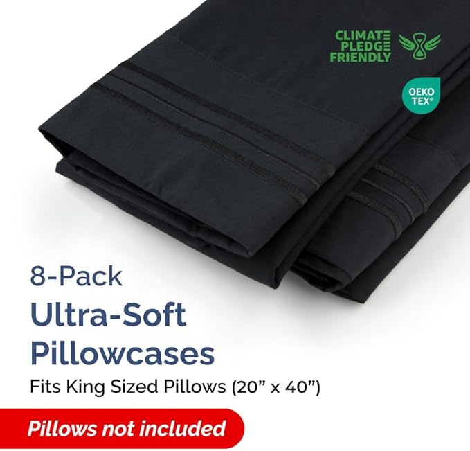 King Pillow Cases Set of 8 - Ultra Soft Hotel Quality Pillowcase Covers - Comfy & Wrinkle Free - Shrink, Stain and Fade Resistant - Easy-Care, Machine Washable Pillow Protectors - 8 Piece Set - Black
