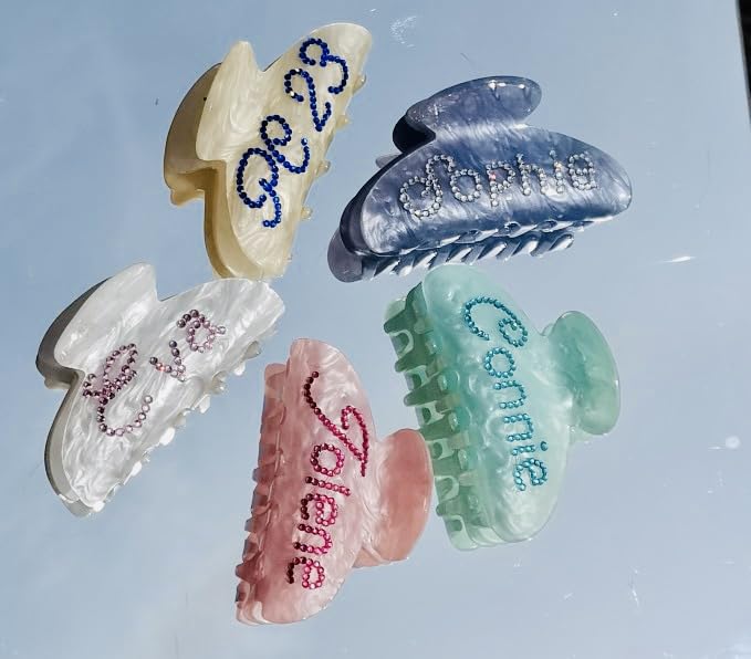 Personalized Hair Claw Clips with Rhinestones - Custom Name Engraved Cute Bridal Hair Accessories (Pearl Blue)