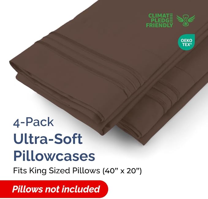 King Pillow Cases Set of 4 - Ultra Soft Hotel Quality Pillowcase Covers - Comfy, Cozy & Wrinkle Free - Shrinkage, Stain and Fade Resistant - Machine Washable Pillow Protectors - 4 Piece Set - Brown