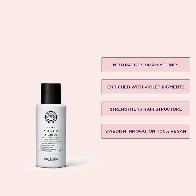 Maria Nila Sheer Silver, Shampoo 3.4 Fl Oz, Neutralizes Golden Shades, Violet Pigments Gives Cool Tone, 100% Vegan & Sulfate/Paraben free