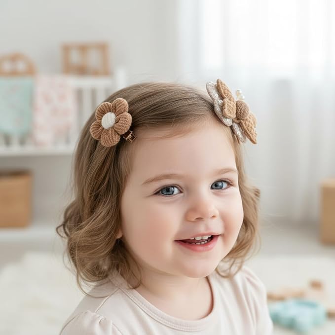 Hair Clips for Baby Girls-8 Pcs Beige Hair Accessories with Knitted Flower, Bow, Butterfly Designs-Soft Wool and Crochet Hairpins-Non-Slip Barrettes for Daily and Occasional Wear (Design 2-8pc Set)