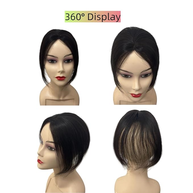 Anemone No Clips Human Hair Topper Piece Fringe Bangs for Women Wrap-Around Magic Paste with Invisible Lace for Natural Hair Loss Coverage (1B Lace Mid Bangs)