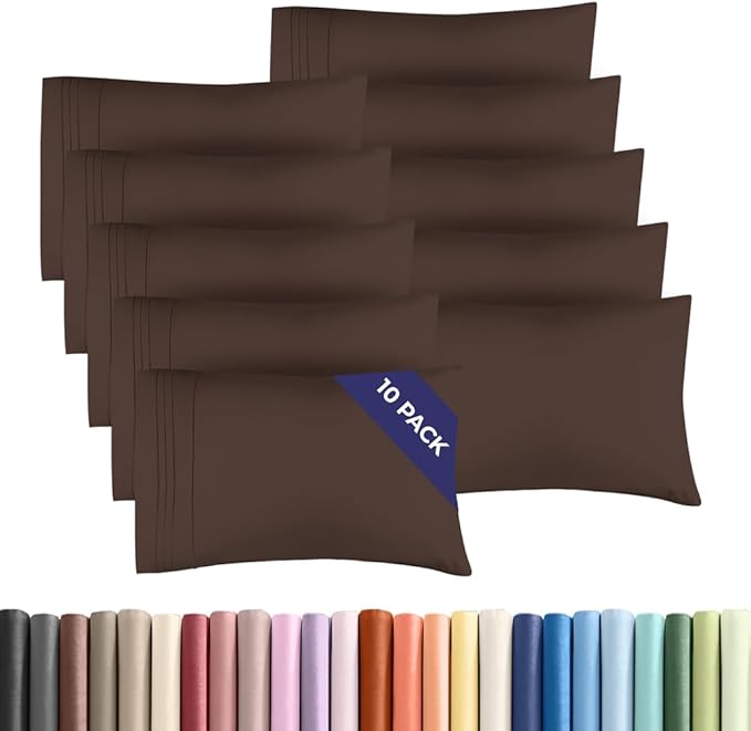 Standard Pillow Cases Set of 10 - Ultra Soft Hotel Quality Pillowcase Covers - Comfy, Cozy & Wrinkle Free - Shrink, Stain and Fade Resistant - Machine Washable Pillow Protectors - 10 Pcs Set - Brown