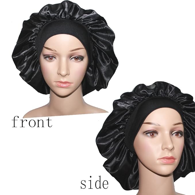 VEYRNEIC Hair Satin Bonnet for Sleeping Shower Caps Silk Chemo Caps with Wide Elastic Band Night Sleep Cap Bonnets for Black Women Braids with Satin Storage Bag (Black)