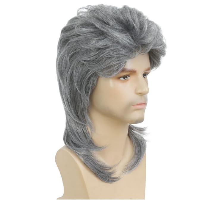 Kaneles Grey Mullet Wigs for Men 80s Retro Cosplay Halloween Costume Wig Funny Rocker Hair Male Wig(Grey)