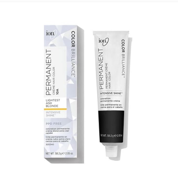 Ion Permanent Creme Hair Color 10A Lightest Ash Blonde, Vegan, Cruelty Free, PPD Free, 100% Gray Coverage, Long Lasting, Fade Resistant Color, 2.05 oz