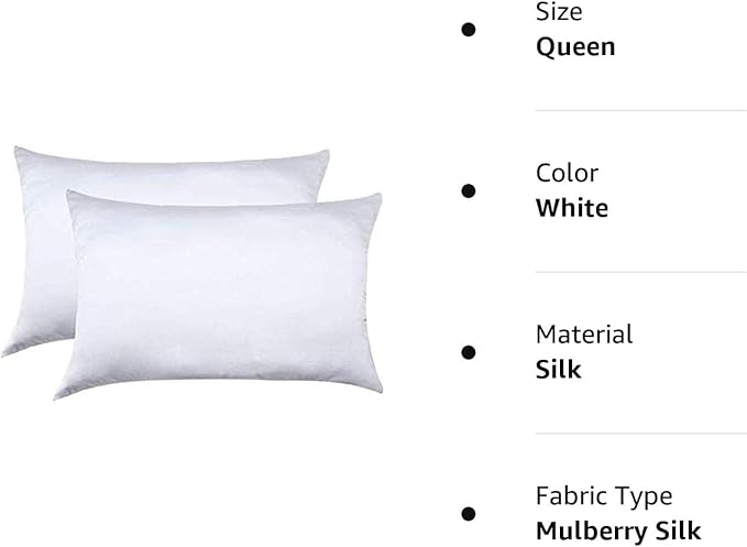 100% Mulberry Silk Pillowcases Set of 2 for Hair and Skin and Super Soft and Breathable Queen Size Nature Silk Pillowcases (Queen, White)