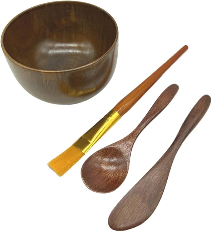 Face Mask Mixing Bowl Set Brown Wood,4 Pack Diy Facial Tools For Skin Care,Facemask Mixing Tool Kit With Facial Mask Bowl,Spatula,Spoon,Brush Applicator,Facial Esthetician Supplies