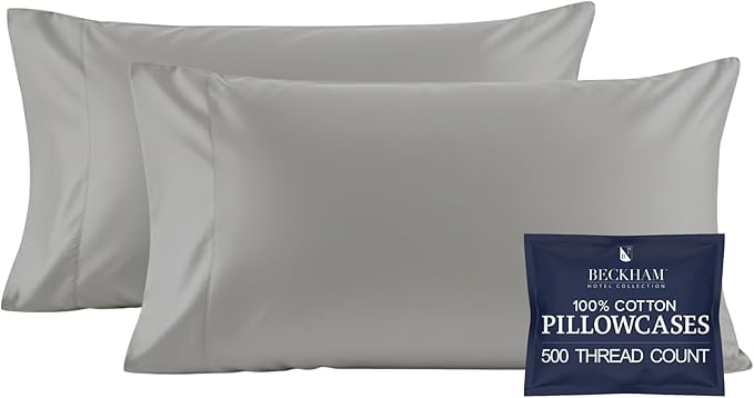 Beckham Hotel Collection 100% Cotton Pillow Cases Standard/Queen Size Set of 2, 500TC, Luxury Sateen Pillowcases, Open End, Breathable, Moisture-Wicking, Dark Gray