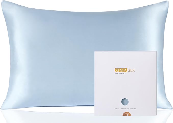 ZIMASILK 100% Pure Mulberry Silk Pillowcase for Hair and Skin Health,Soft and Smooth,Both Sides Premium Grade 6A Silk,600 Thread Count,with Hidden Zipper,1pc (Queen 20''x30'',Light Blue)