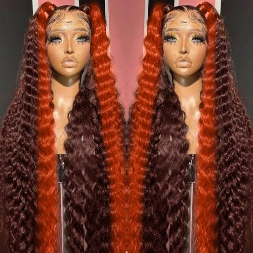 250% Density 34 Inch Deep Wave Lace Front Wigs Human Hair 13x6 2/350 Deep Curly Frontal Wigs Human Hair Glueless HD Lace Front Wigs Drawstring Wig Human Hair Pre Plucked with Baby Hair for Women