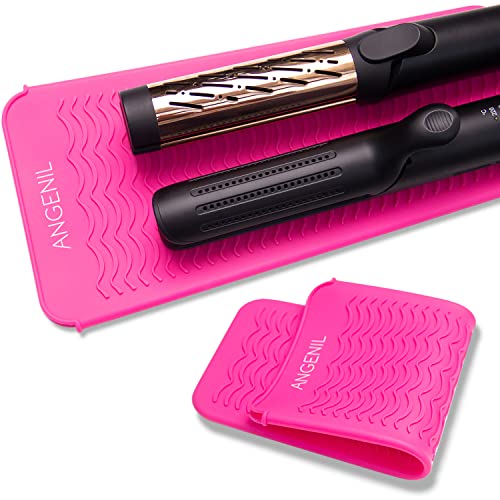 ANGENIL Resistant Silicone Mat Pouch for Hair Straightener Professional Beach Wave Curling Iron 2 in 1, Titanium Ceramic Flat Iron, Curling Wand, Crimper Hair Iron Tools, Food Grade Silicone, Pink