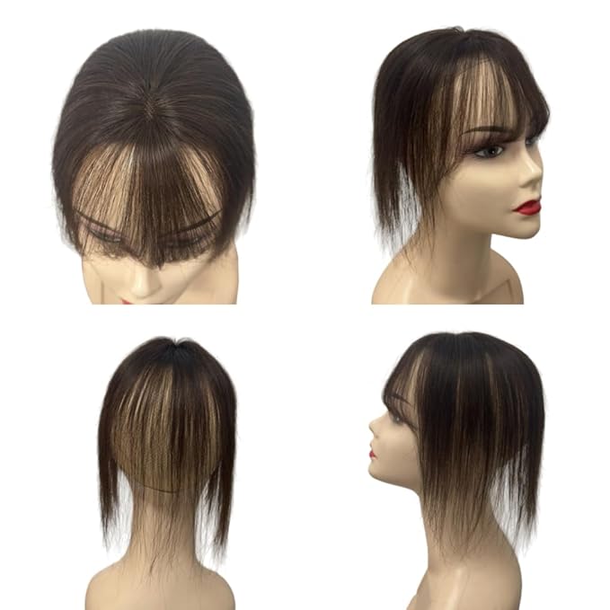 Anemone 100% Real Human Hair Topper No Need Clips Magic Paste Hair Seams 7x10cm Skin Base Fringe Bangs Easy to Wear (Dark Brown French Bangs)