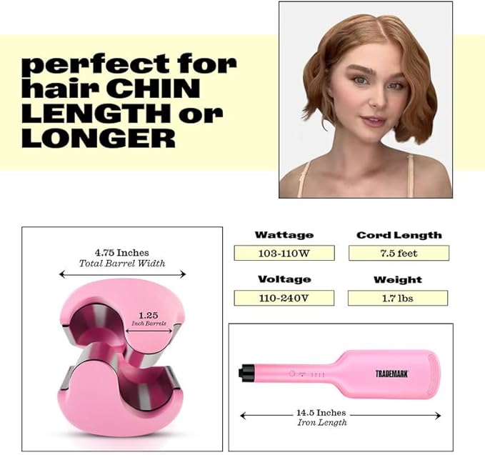 Trademark Beauty Hair Waver - Double Barrel Hair Crimper, Beach Waves Curling Iron, Babe Waves X, Adjustable Temperature Hair Curler, Hair Styling Tools, 1.25" - Pink