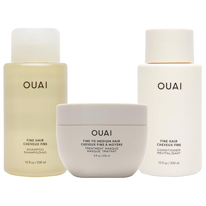 OUAI Fine Hair Shampoo, Conditioner, and Treatment Masque Set - Volumizing, Strengthening, Repairing - 3 Count (10oz Shampoo, 10oz Conditioner, 8oz Masque)