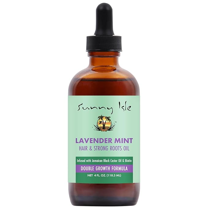 Sunny Isle Lavender Mint Hair and Strong Roots Oil 4oz | Infused with Jamaican Black Castor Oil and Biotin | Strengthen and Nourish Hair Follicles | Dry Scalp, Split Ends | Double Growth Formula