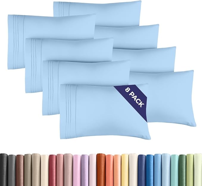 King Pillow Cases Set of 8 - Ultra Soft Hotel Quality Pillowcase Covers - Comfy. Cozy & Wrinkle Free - Shrink, Stain and Fade Resistant - Machine Washable Pillow Protectors - 8 Piece Set - Light Blue