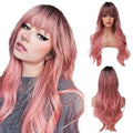 EMMOR Long Ombre Pink Wig for Women - Natural Curly Hair Synthetic Wigs With Bang Dark Root, Party Cosplay Daily Use (2pcs Free Wig Cap)
