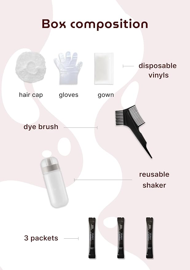 Korean Permanent Hair Dye, Powder Hair Color Kit, Wine Brown, Gray Hair Coverage, Plant-Based Formula, Easy Application for Roots, Short & Long Hair, Vegan, Just Mix with Water (3 Powder Packets)