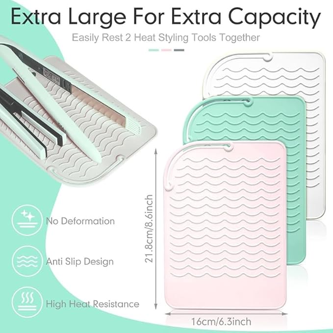 Silicone Hot Tool Mat – 2-Pack Heat-Resistant Pads for Flat Irons, Curling Wands & Hair Dryers, 8.6″ × 6.3″ Anti-Slip, Up to 480 °F Protection – White & Mint Green