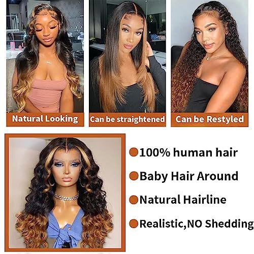 13x6 Lace Front Wigs Human Hair Pre Plucked Body Wave 13x6 1B/30 Ombre Transparent Lace Frontal Wigs With Baby Hairs Glueless Wigs Brown Highlight Balayage Wigs Human Hair Wigs For Women 24 Inch