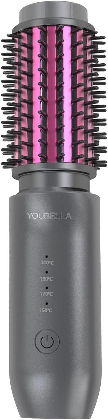 Youbella Cordless Hair Curling Iron Brush, Mini Travel Hot Straightener Comb, 3-in-1 Portable Wave Curling Wand, 1.5″ Ionic Heated Brush, USB Rechargeable Hair Curler, Matte Gray