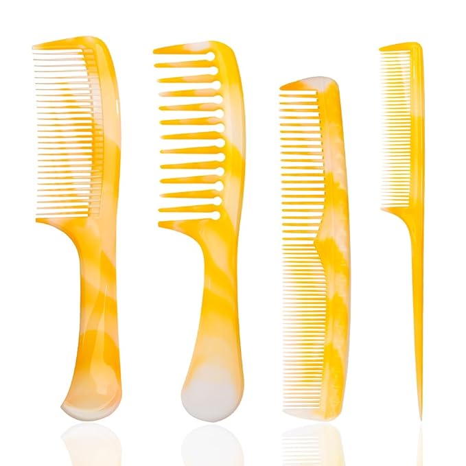 Yellow Hair Styling Combs Set - Wide-Tooth, Fine-Tooth, Rat Tail, and Dual Comb for Men and Women