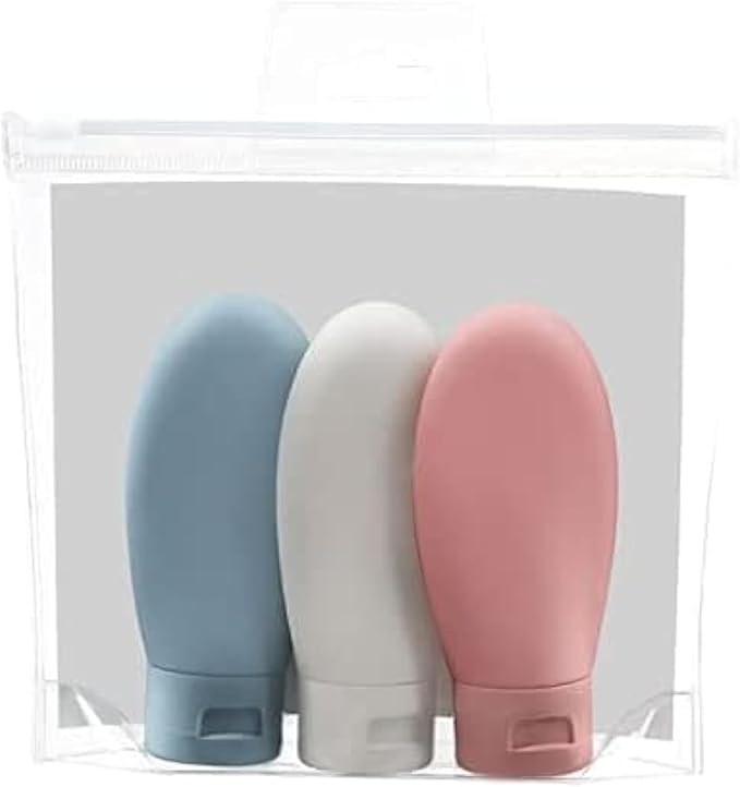 Travel Bottle, 3 Pcs Leak Proof Refillable Squeezable Containers Set(60 ml) with Label and Transparent Carry Bag for Liquid Shampoos, Soap and Toiletries. (Multicolor)