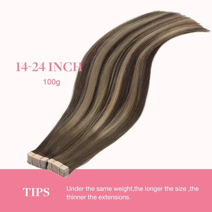 GOO GOO Tape in Hair Extensions Human Hair, 4/26/4 Balayage Chocolate Brown to Honey Blonde, 14inch 100g 40pcs, Skin Weft Seamless Invisible, Silky Straight with Thick Ends, Remy Human Hair