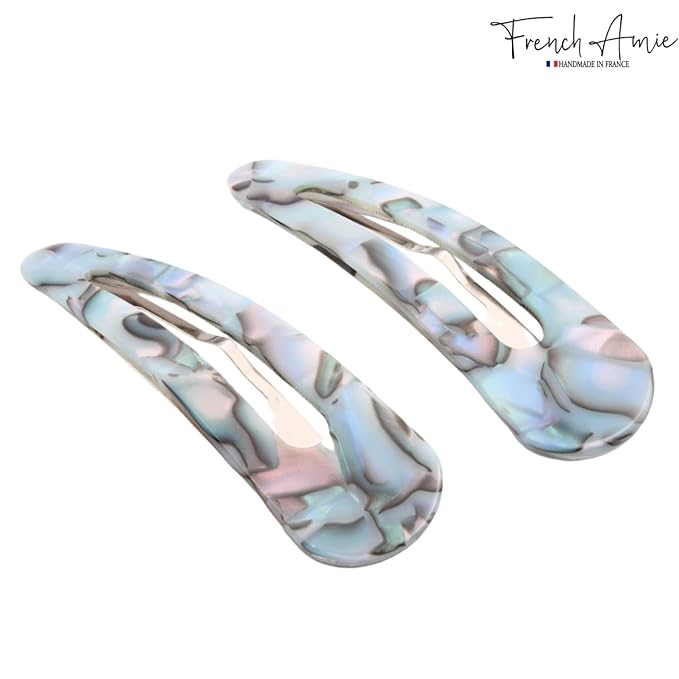 French Amie Clic Clac Large Handmade Celluloid Acetate Set of 2 Snap Hair Clips No Slip Side Slide-in Barrette for Women and Girls (Aqua Marbel)
