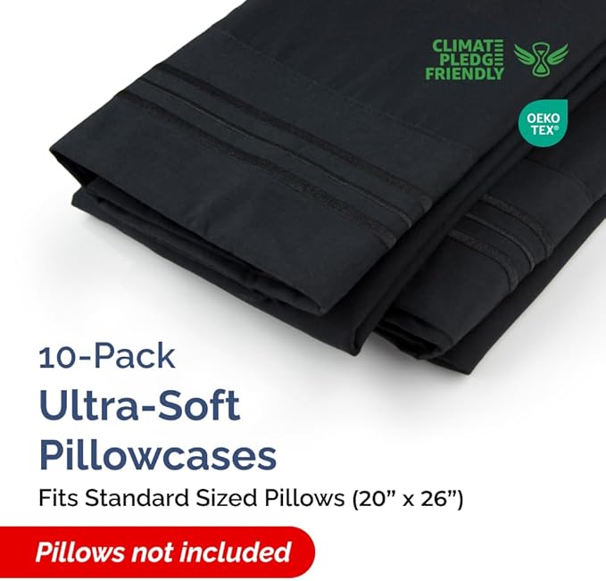 Standard Pillow Cases Set of 10 - Ultra Soft Hotel Quality Pillowcase Covers - Comfy, Cozy & Wrinkle Free - Shrink, Stain and Fade Resistant - Machine Washable Pillow Protectors - 10 Piece Set - Black